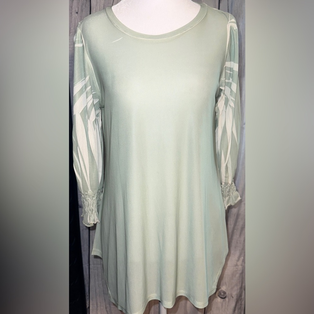 Origami by Vivien Sage Light Green Sheer Tunic Top Small NWT Boho Flowy